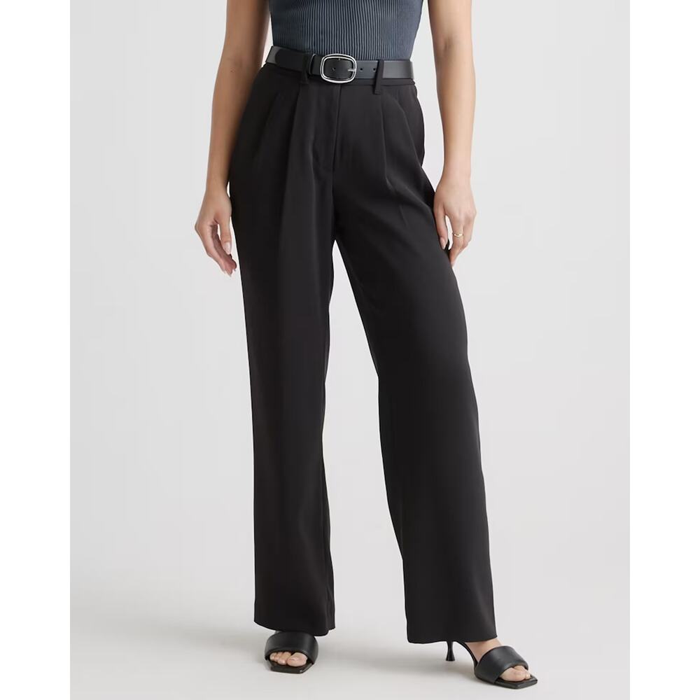 Quince Stretch Crepe Pleated Wide Leg Pants in Black